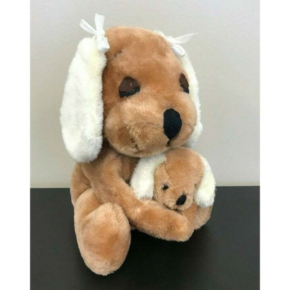 Vintage Dakin Sleeping 9" Mama & Baby Dog Plush Set Pink Shirt Holding Puppy Bow